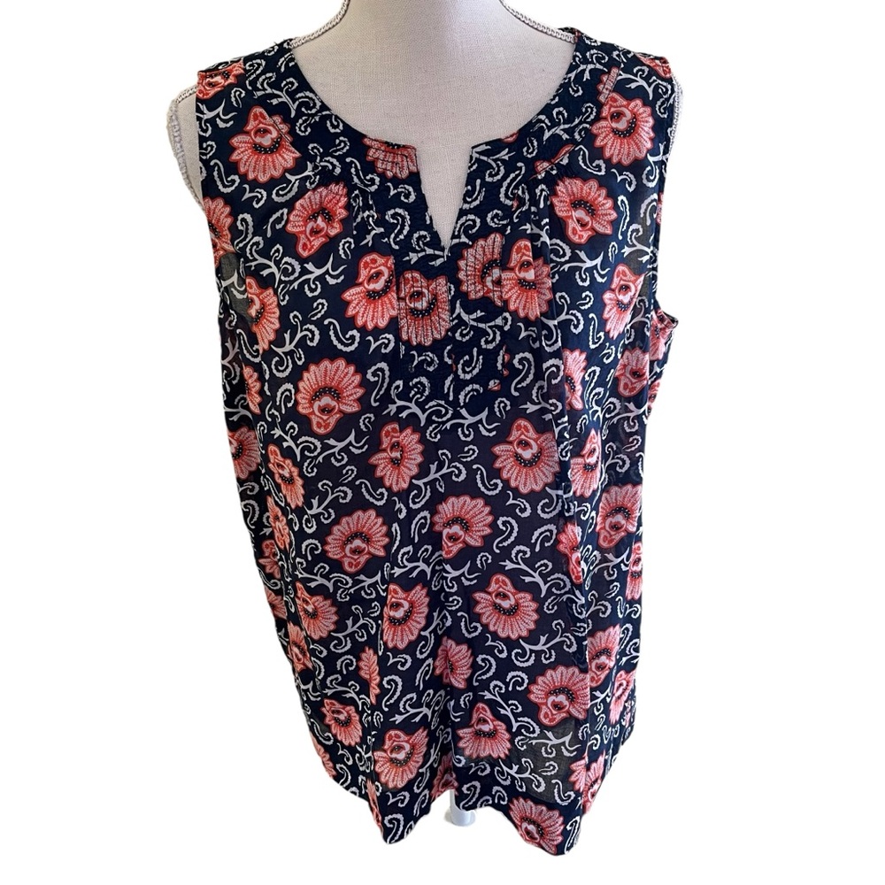Talbots Navy Blue with Orange Floral Cotton Sleeveless Blouse 16P